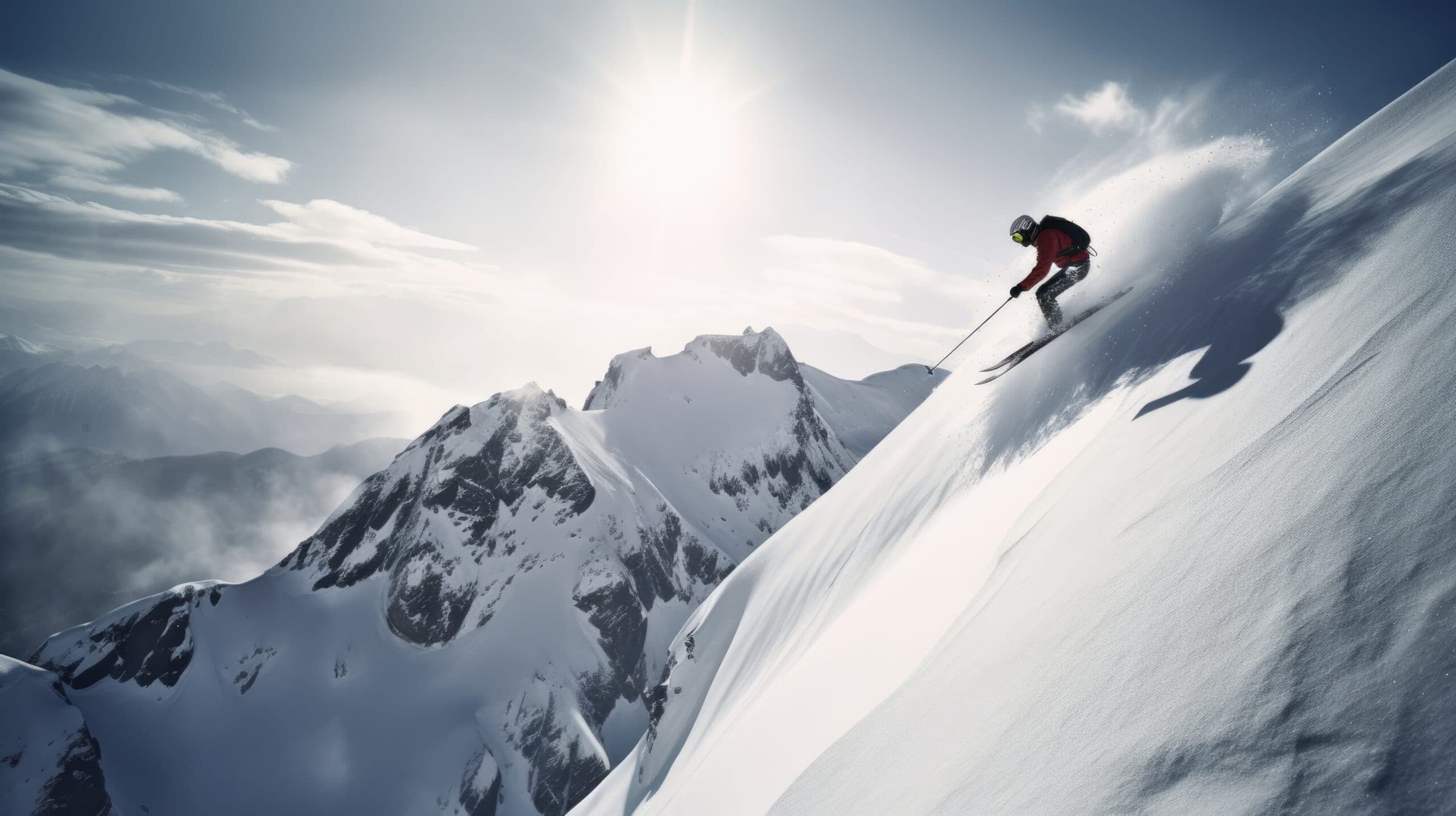 Skier carving down a steep snow-covered mountain slope in sunlight