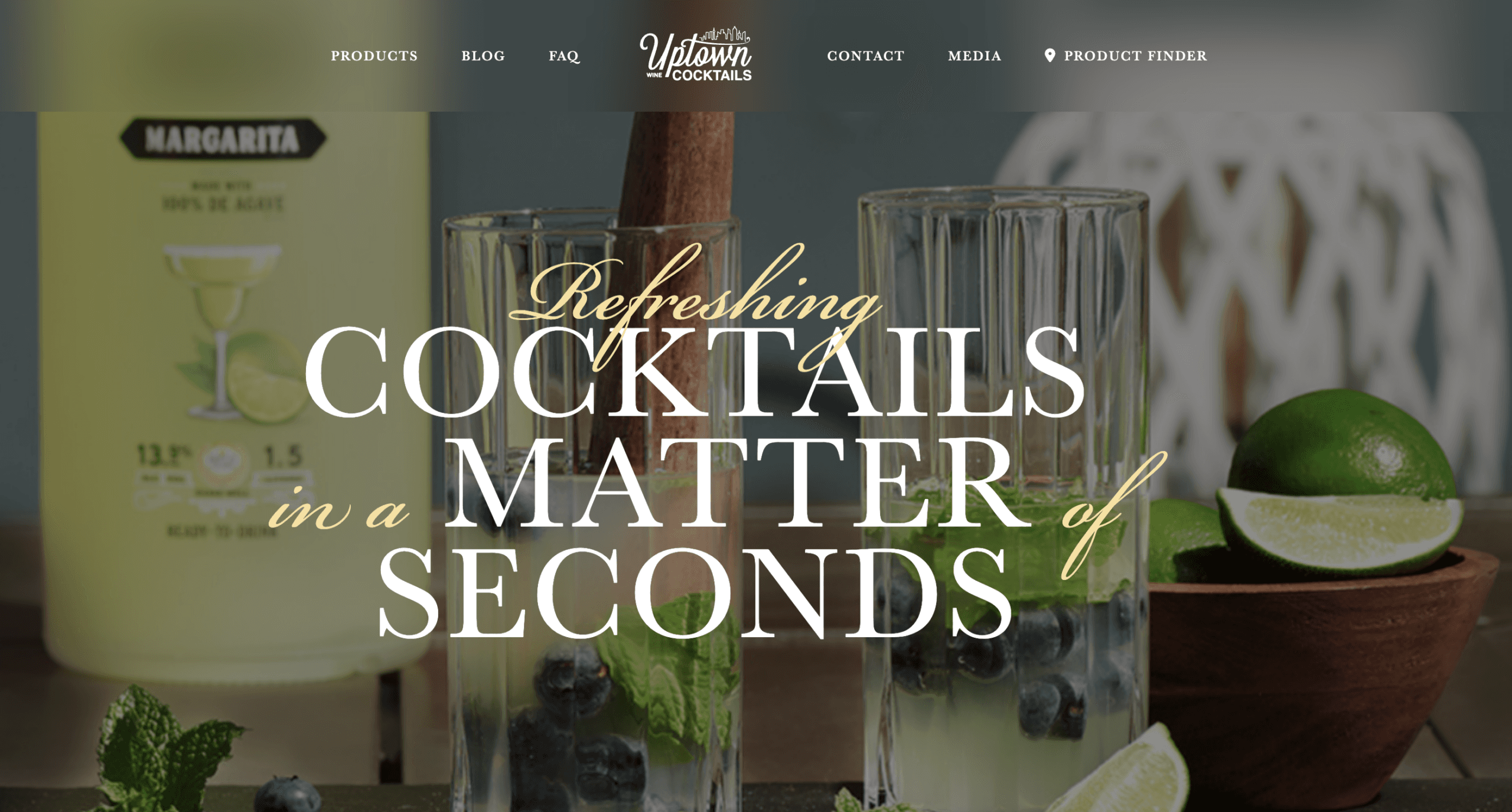 Uptown Cocktails website homepage screenshot with hero image and navigation menu