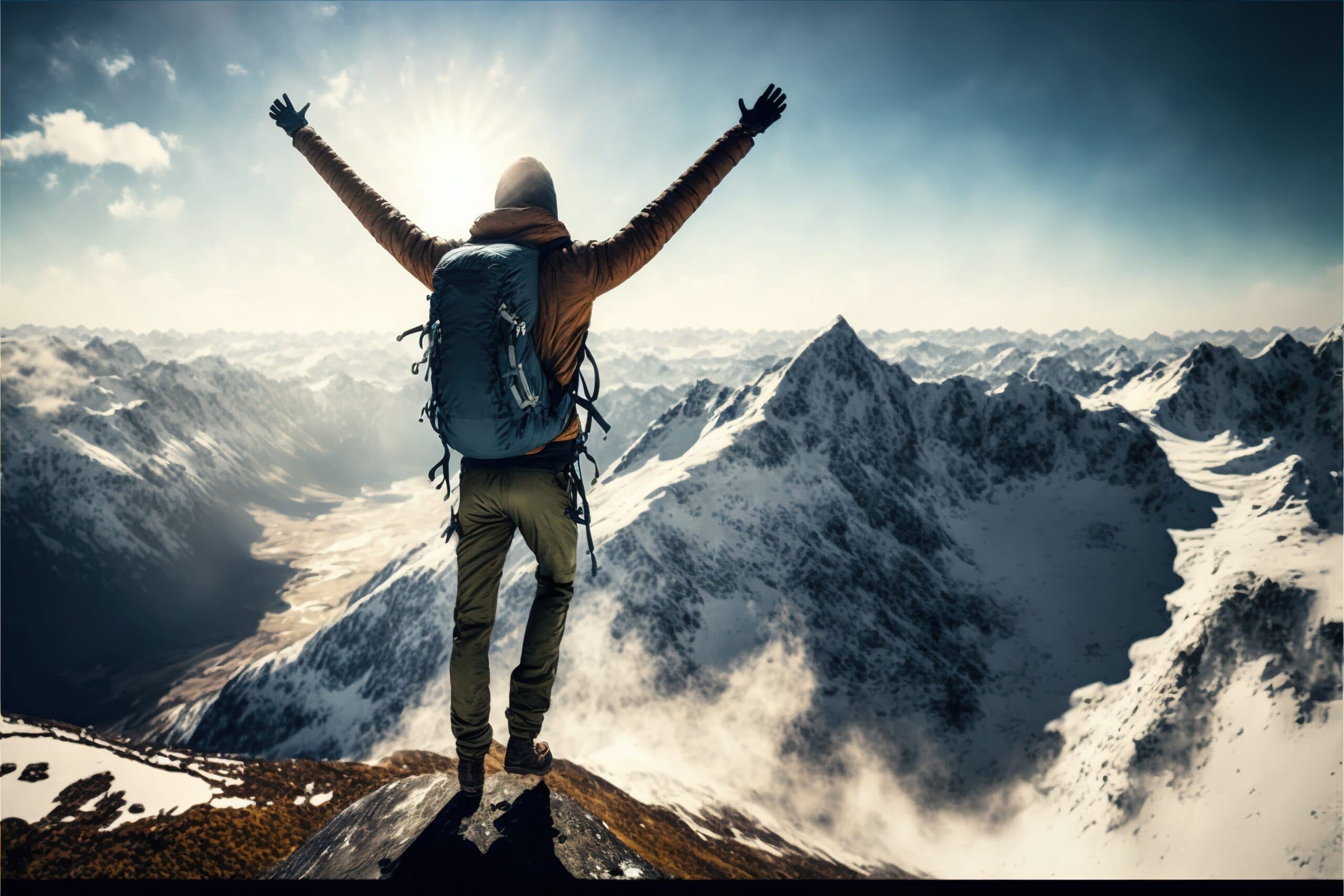 Hiker with arms raised celebrating atop a snow-capped mountain peak