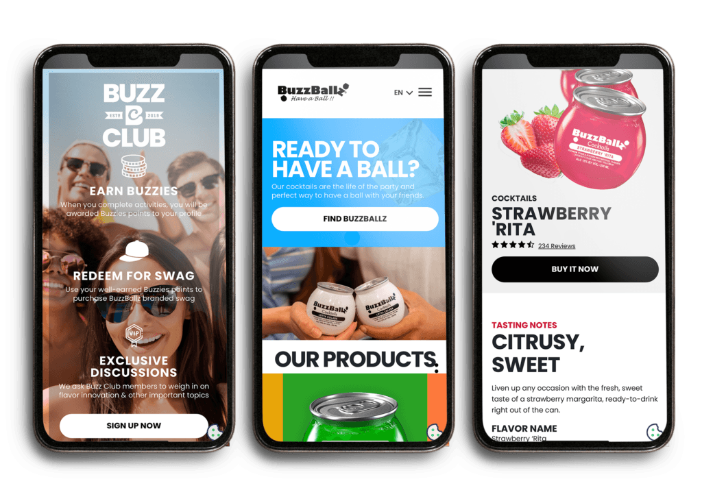 Mobile mockups of BuzzBallz website showing rewards club, homepage, and product pages