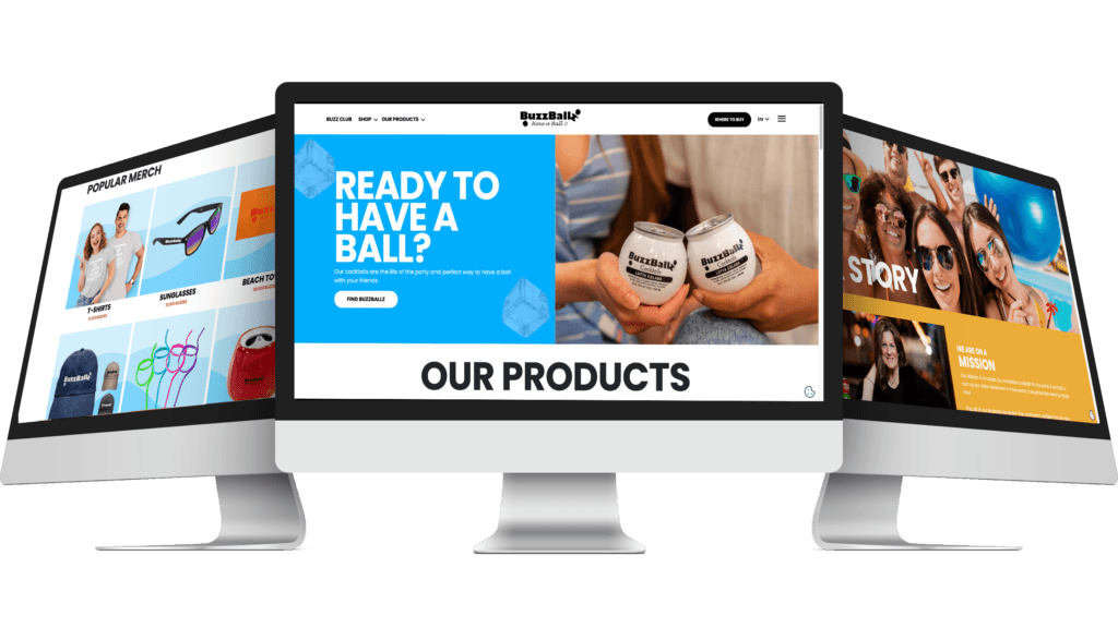 iMac mockups of BuzzBallz website homepage, merchandise page, and brand story page