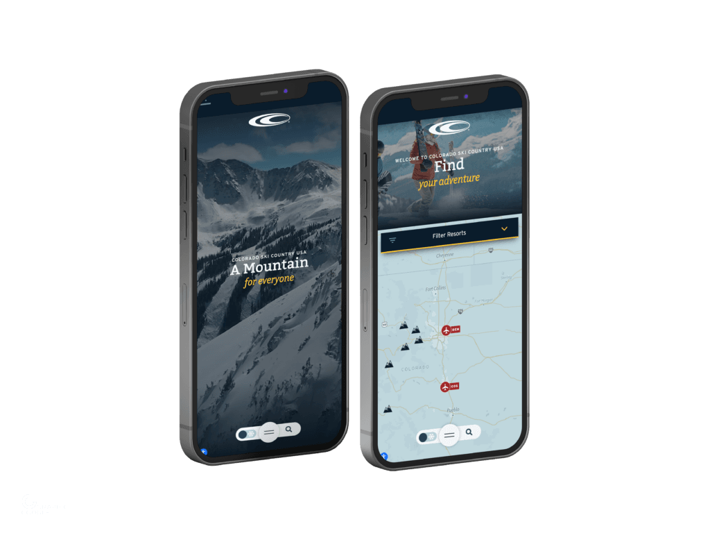 Colorado Ski Country USA mobile site screens showing hero and resort filter map