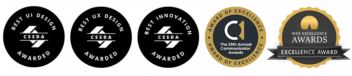 CSSDA Best UI, UX, and Innovation awards, Communicator, and Web Excellence Award badges