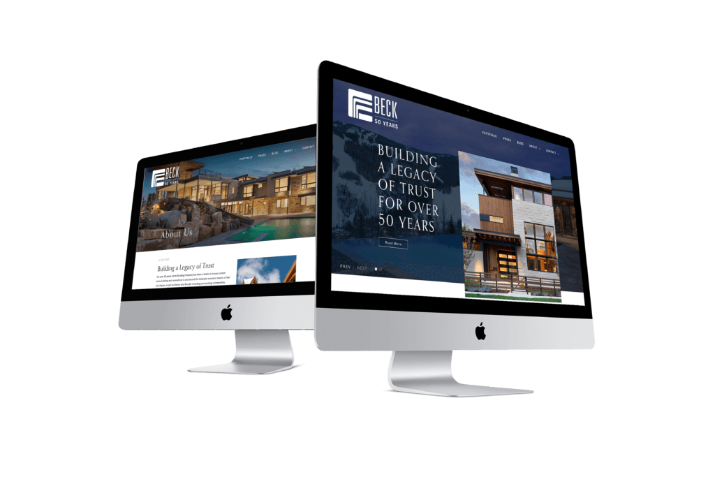 iMac mockups of Beck Builds website homepage and about us page