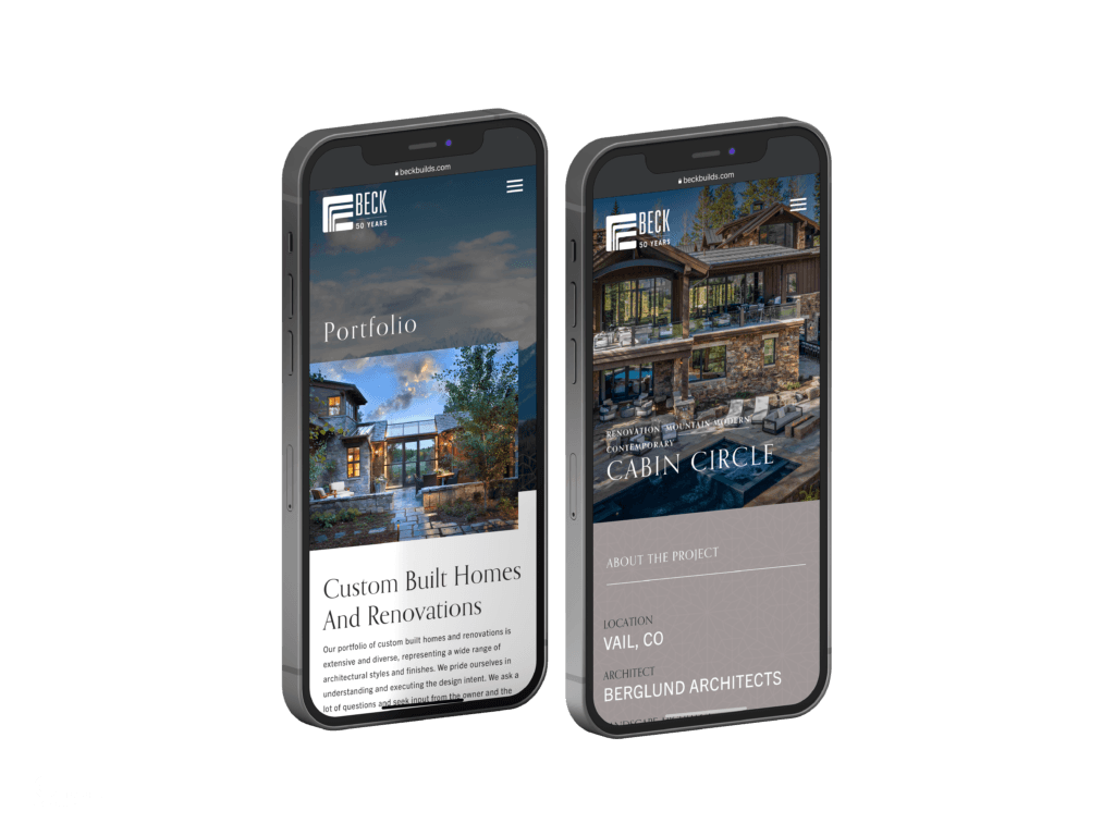 Mobile mockups of Beck Builds website portfolio and custom home project pages