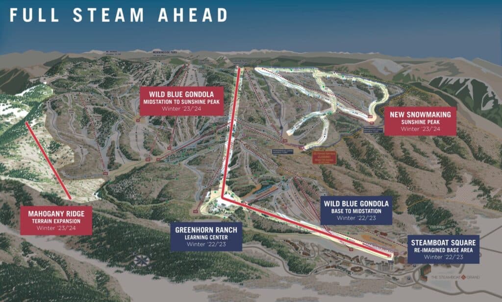 Ski resort trail map highlighting Wild Blue Gondola and snowmaking expansion projects