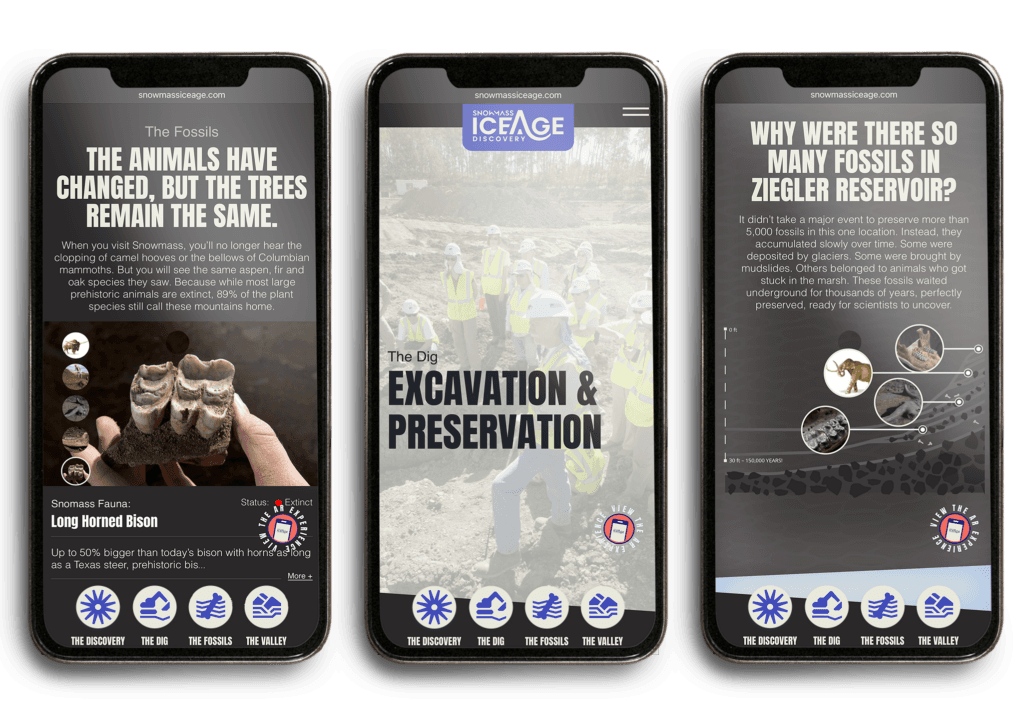 Three mobile screens from the Snowmass Ice Age Discovery site showing fossils and excavation content
