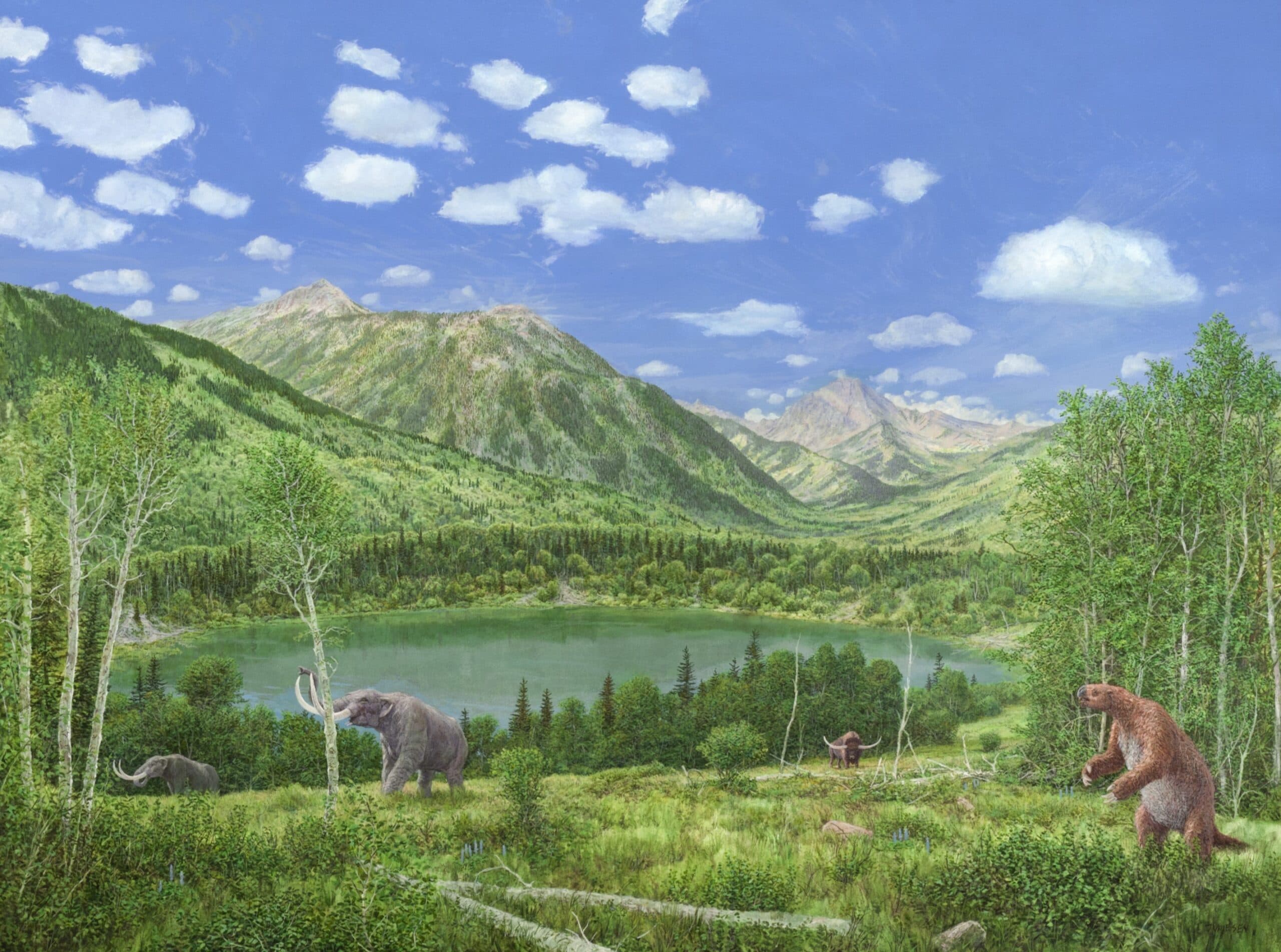 Illustrated Ice Age valley scene with mammoths and a giant ground sloth by a lake.