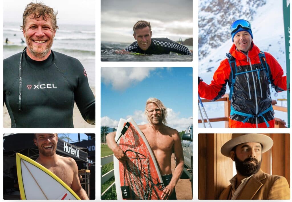 Collage of surfer, skier, and portrait photos of six different men