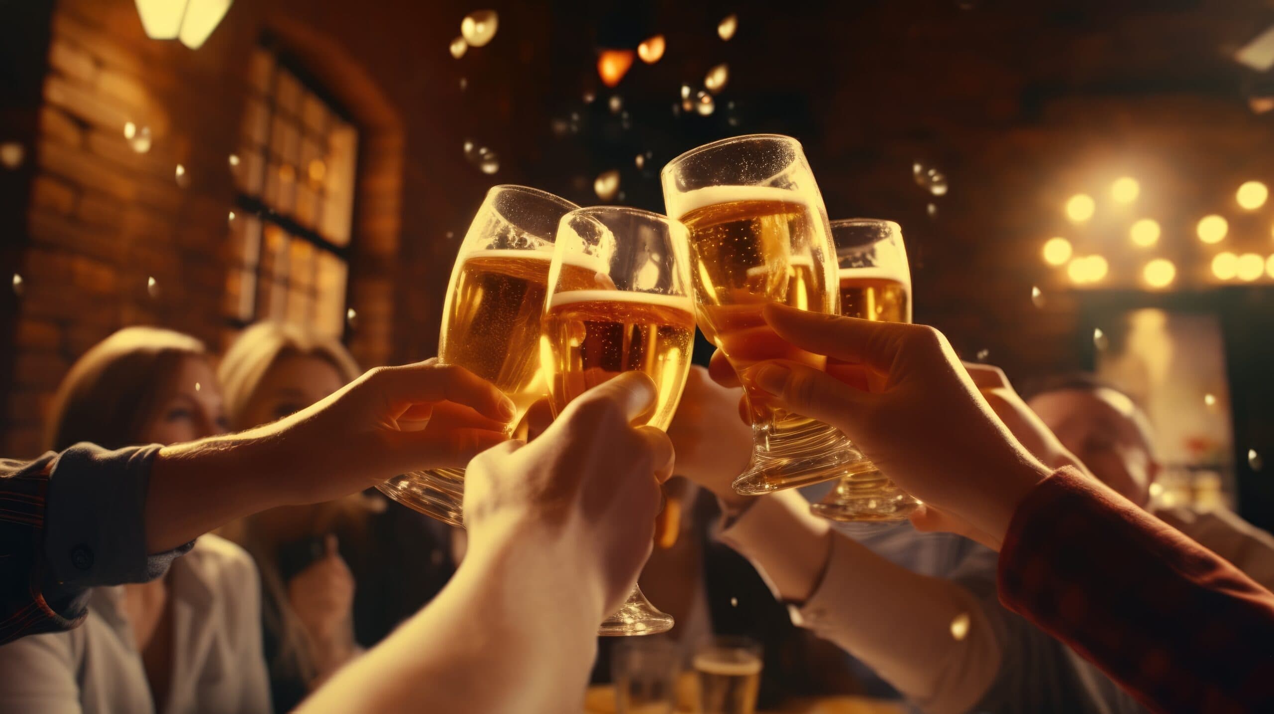 Group of people clinking champagne glasses together in celebration