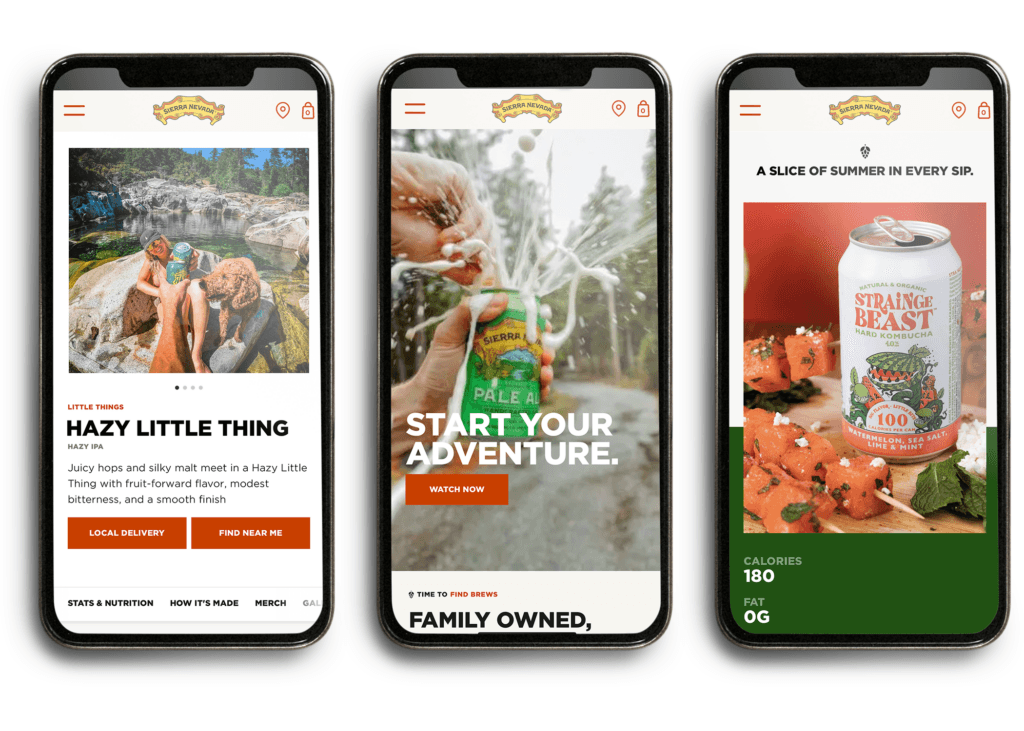 Sierra Nevada Brewing mobile site screens showing beer product page and kombucha promo