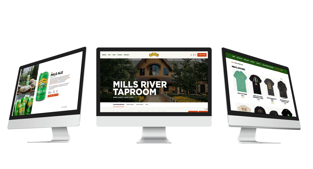 Sierra Nevada website shown on three monitors: taproom, product, and apparel pages