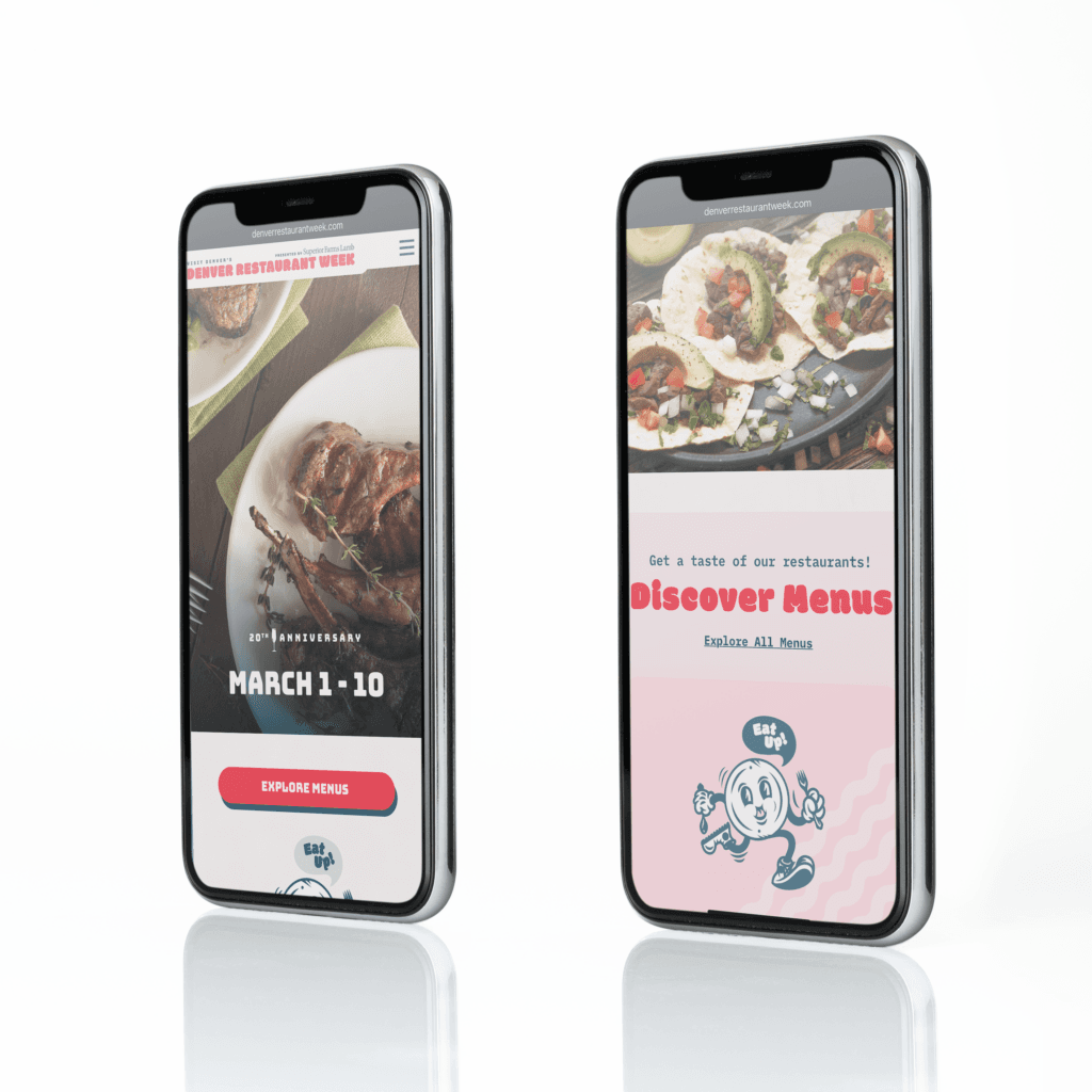 Mobile Denver Restaurant Week site showing food photos and Discover Menus button