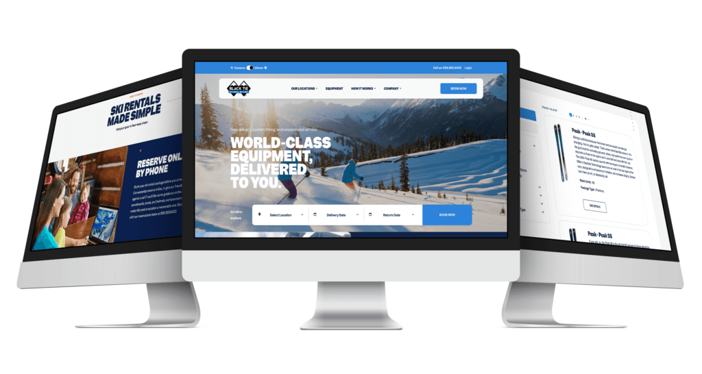 Desktop Black Tie Ski Rentals website showing homepage and ski package listings