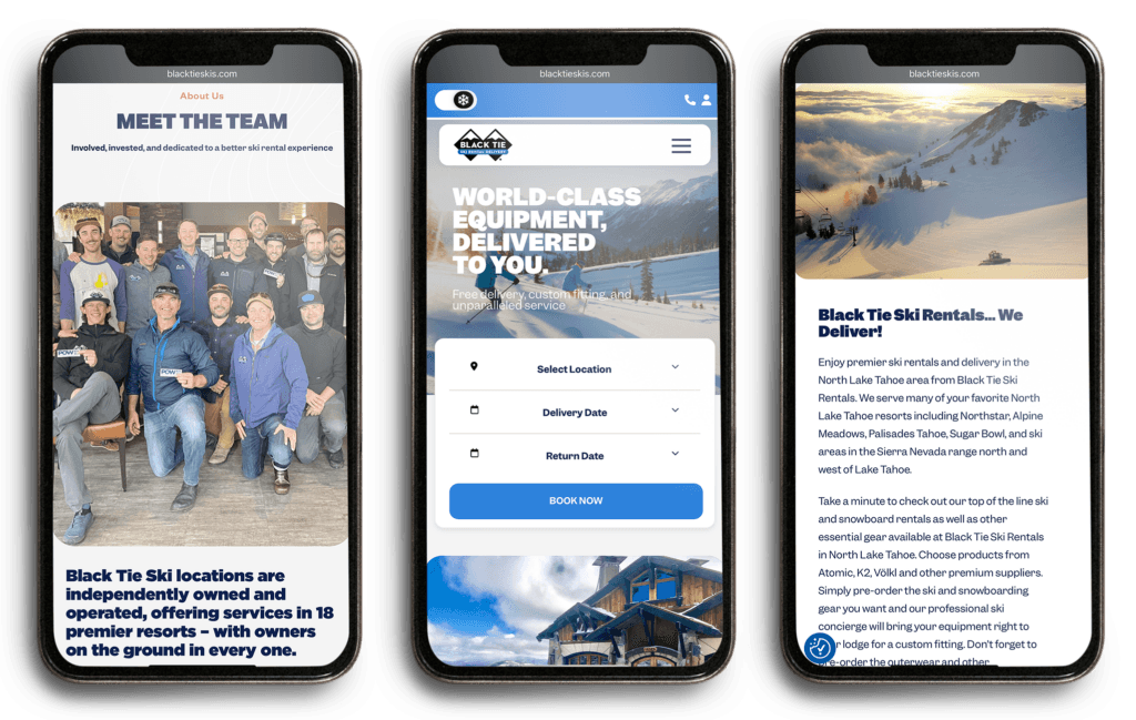 Mobile Black Tie Ski Rentals screens showing team photo and booking widget
