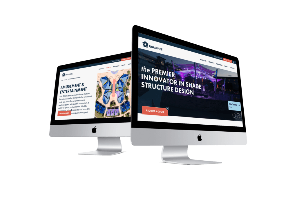Desktop USA SHADE website showing homepage hero and Amusement & Entertainment page