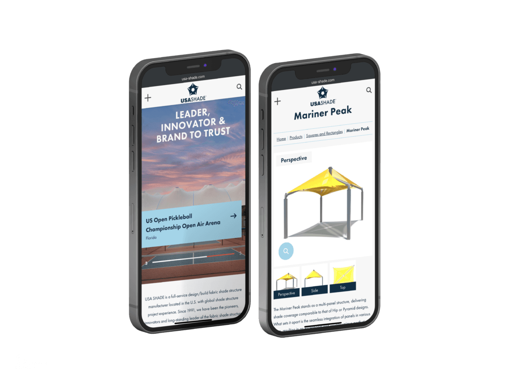 Mobile USA SHADE site showing hero banner and Mariner Peak shade structure page