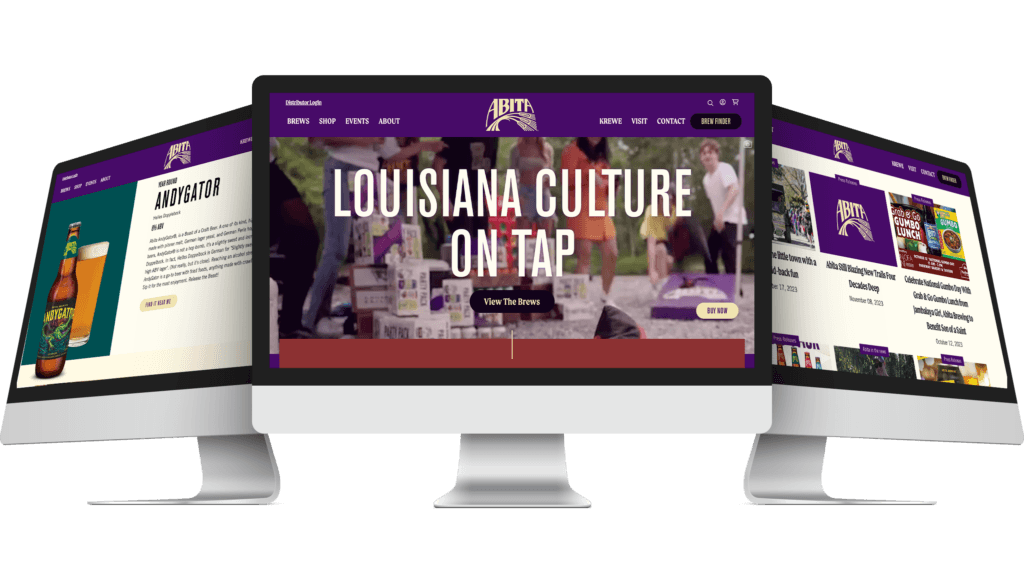 Desktop mockups of Abita Brewing Company website showing homepage and blog pages