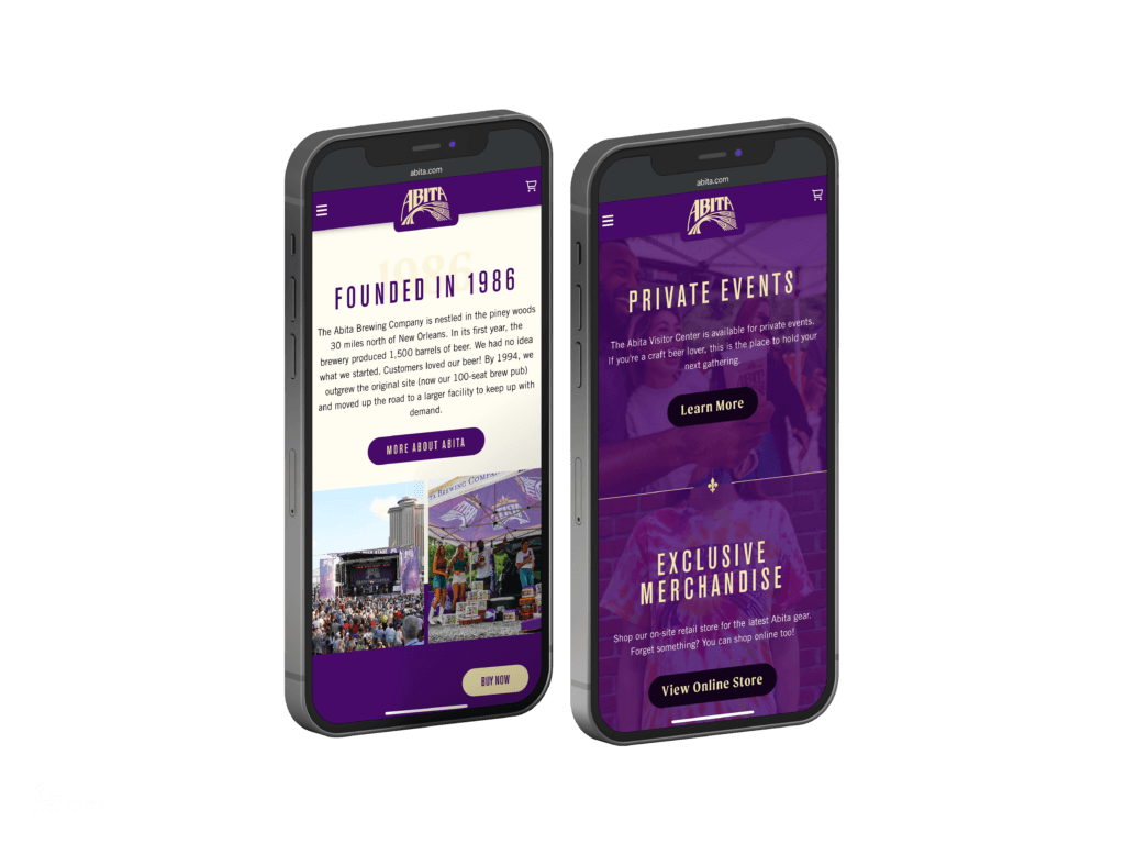 Mobile mockup of Abita Brewing Company website showing homepage and private events pages