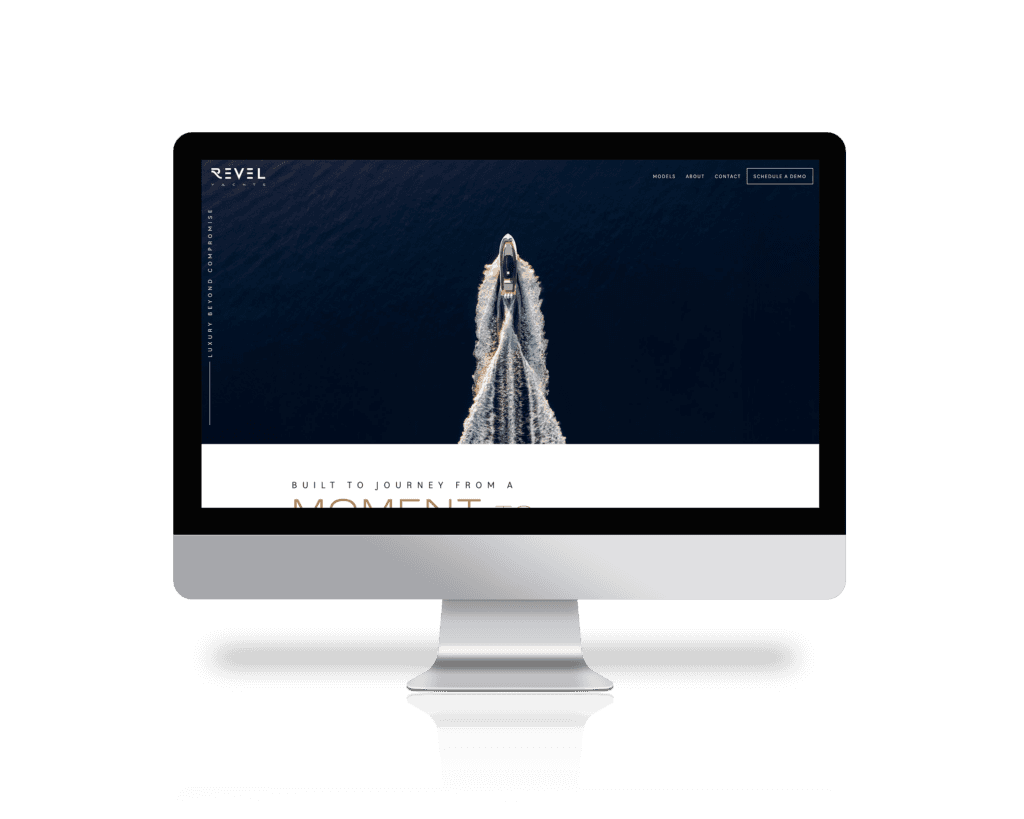 Desktop mockup of Revel Yachts website homepage with yacht at sunset and headline