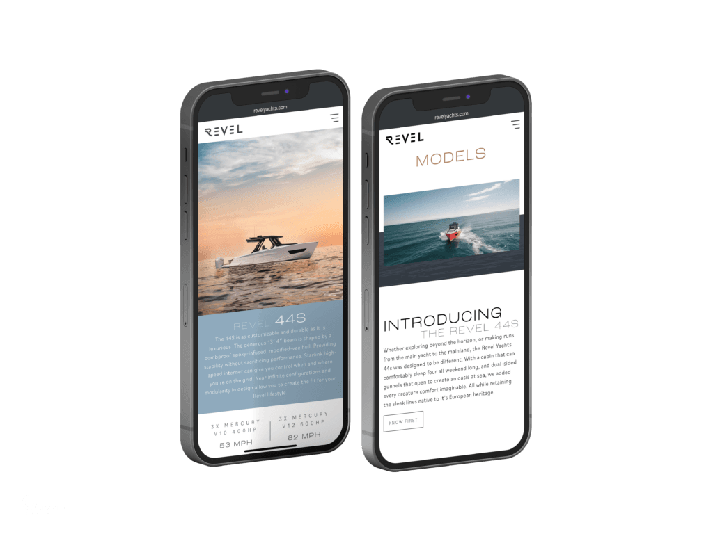 Mobile mockup of Revel Yachts website showing Revel 44S model and specs page