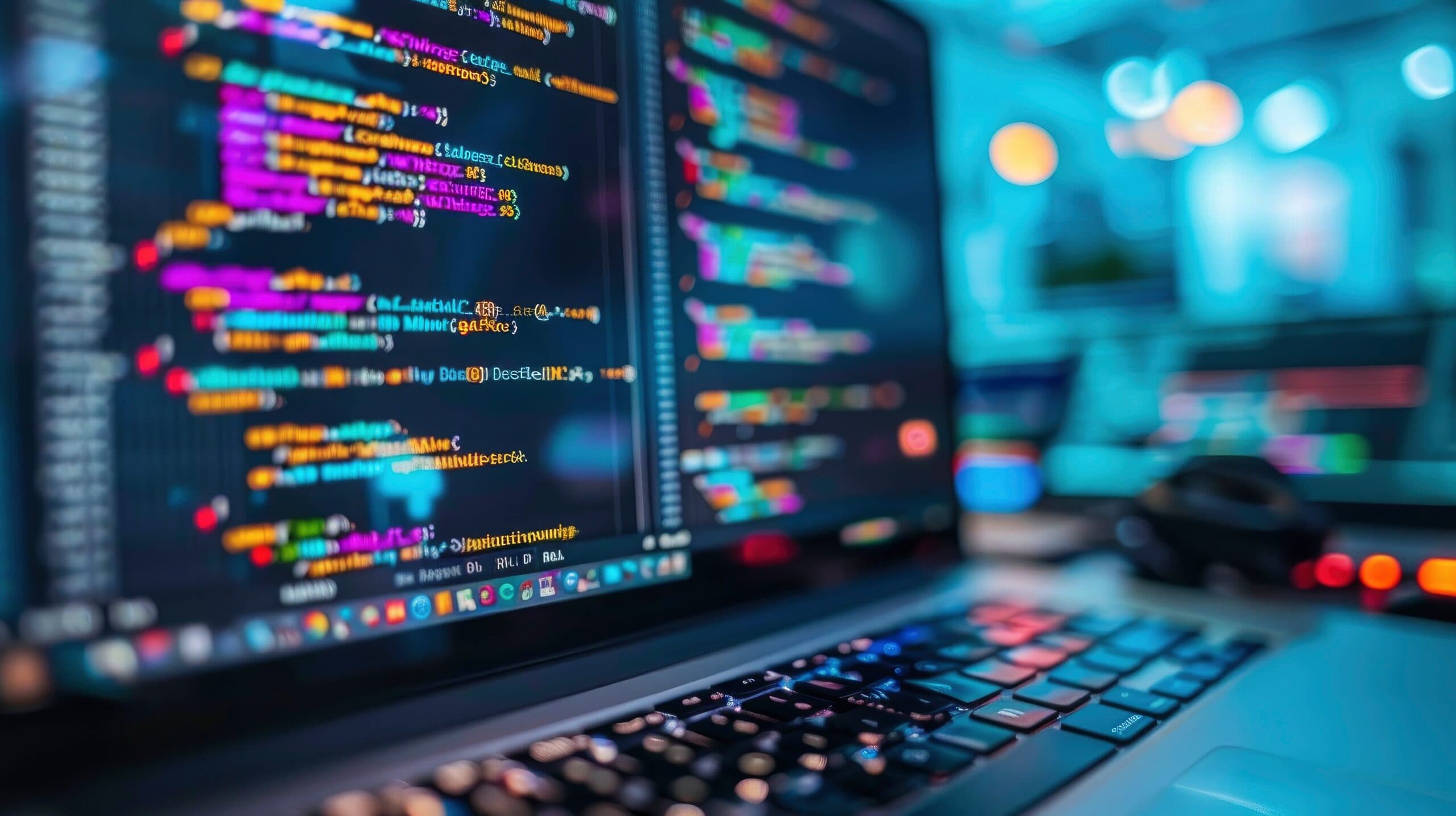 Blurred colorful code editor on dual monitors beside a laptop keyboard