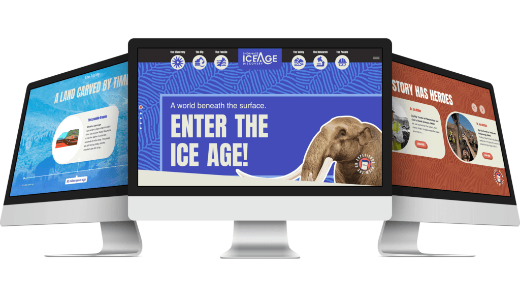 Desktop mockup of Snowmass Ice Age Discovery website homepage with mammoth graphic