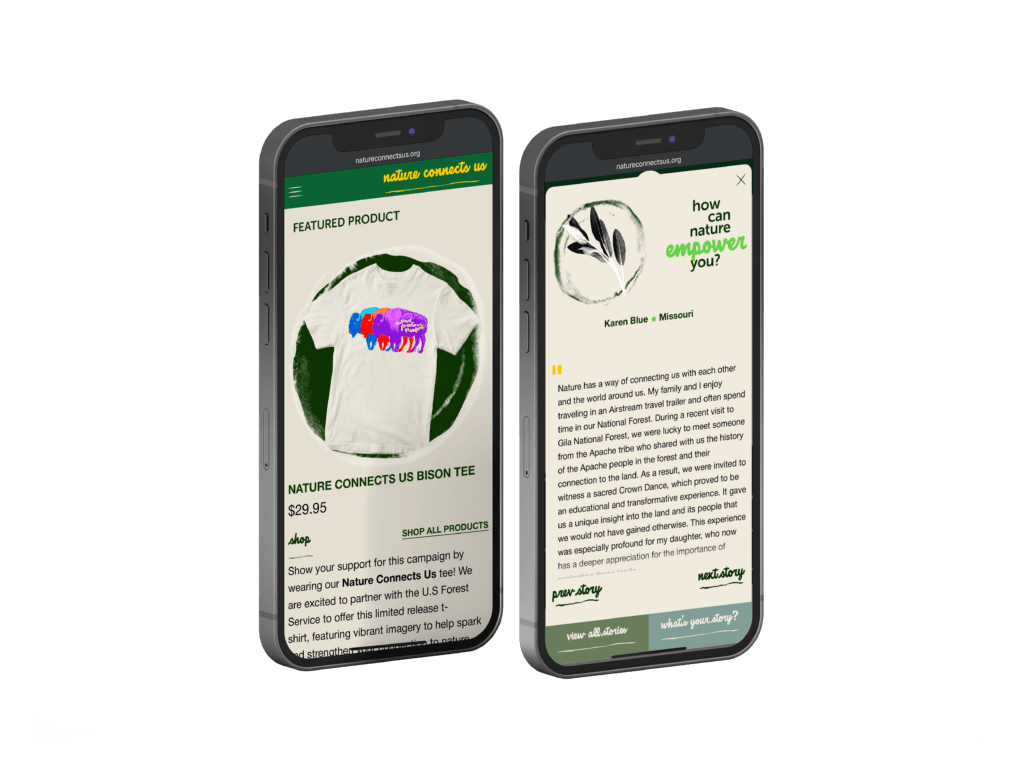 Nature Connects Us mobile site showing Bison Tee product page and a reader story