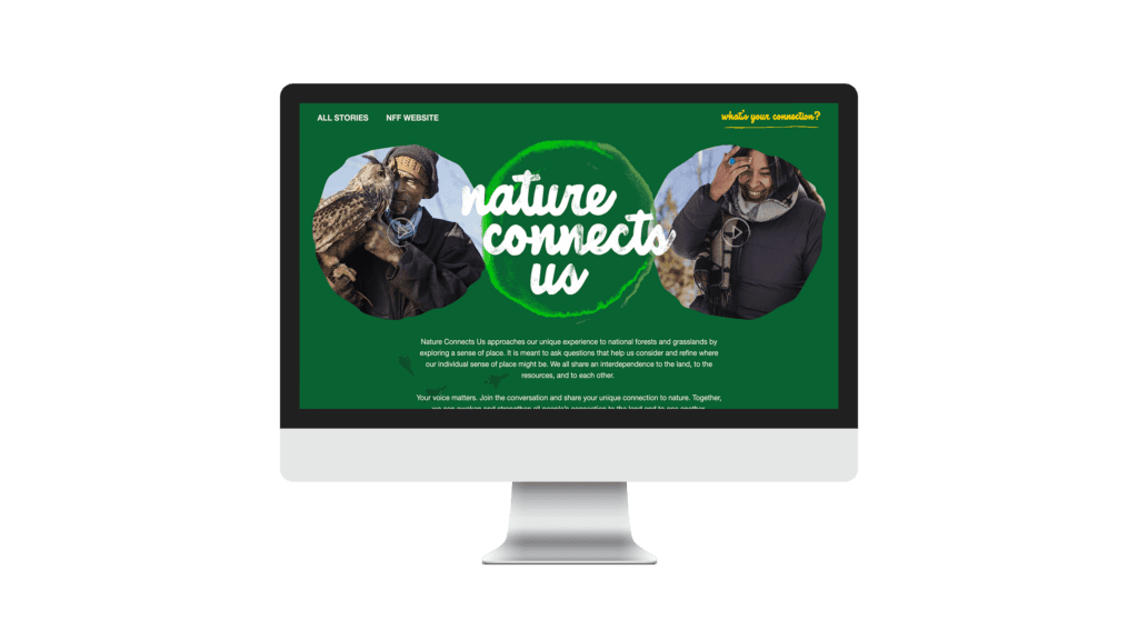 iMac displaying Nature Connects Us homepage with owl handler and hiker photo circles