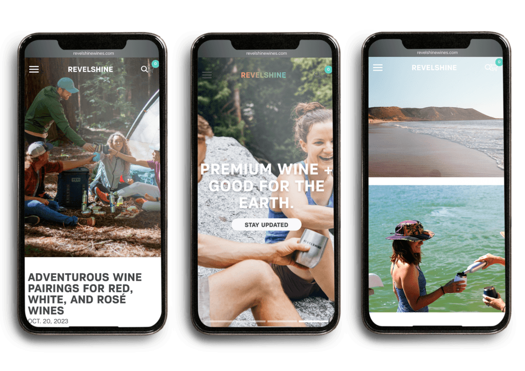 Revelshine wine website mobile screens showing blog post, hero banner, and beach photo