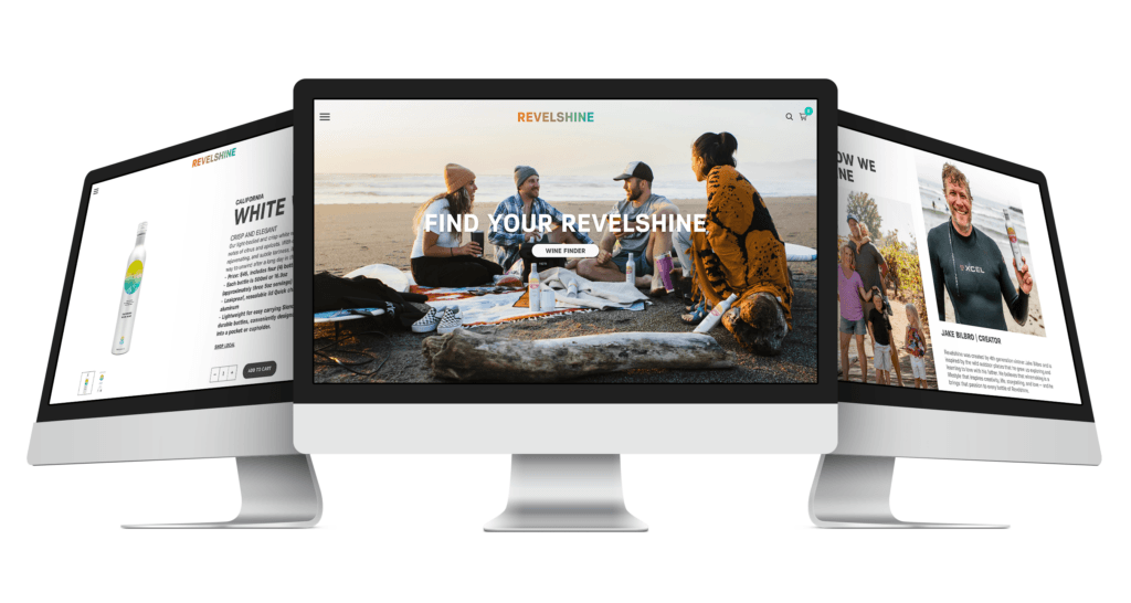 Revelshine wine ecommerce website homepage shown across three desktop monitor mockups