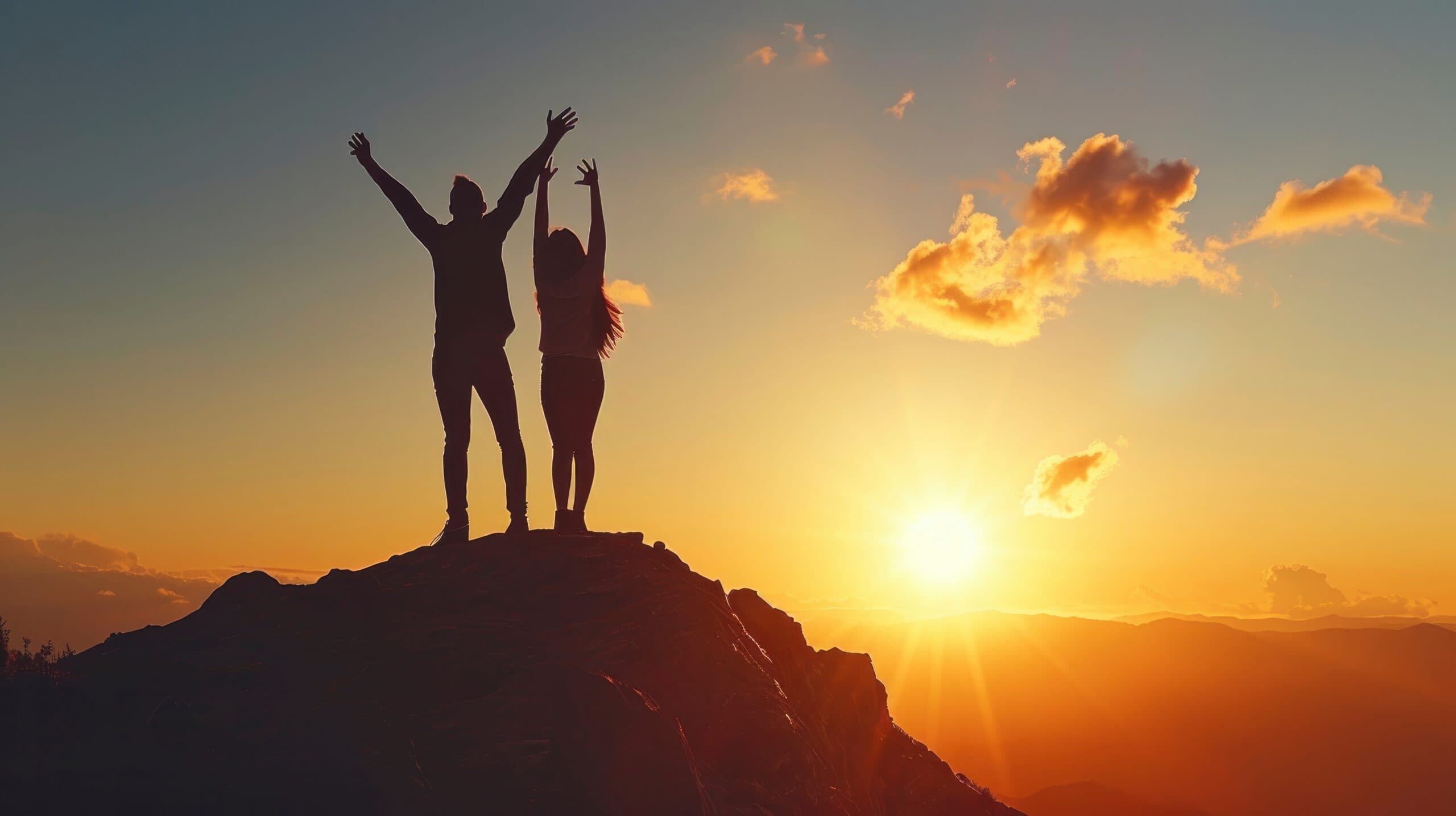 Two people with arms raised celebrating on a mountaintop at sunset