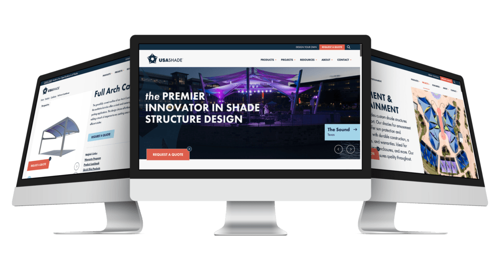 USA Shade website homepage on three desktop monitor mockups featuring a lit shade structure