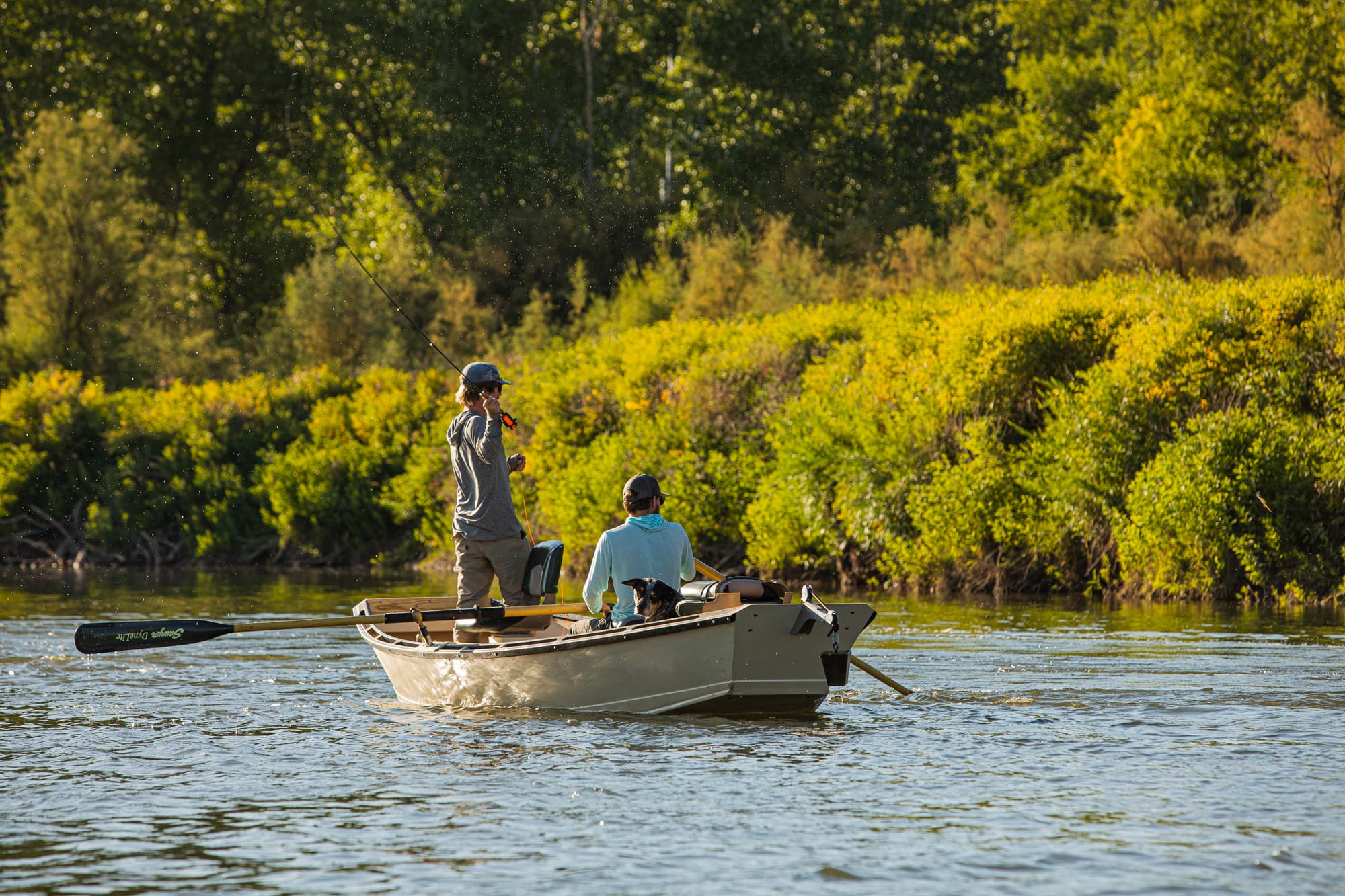 Two anglers fly fishing from a drift boat with a dog aboard