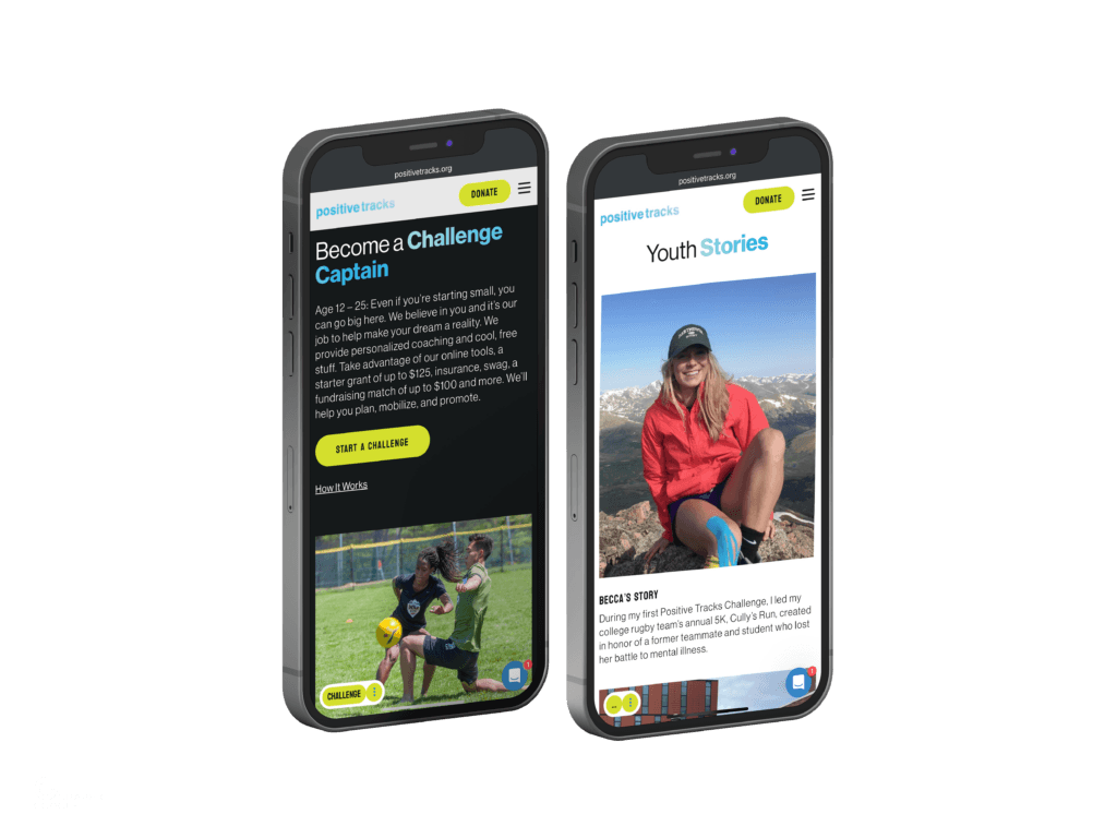 Mobile screens showing Positive Tracks site pages for challenge captains and youth stories