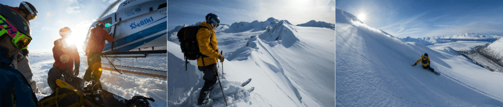 Three-panel strip of backcountry skiers: heli-loading, ski touring, and powder carving
