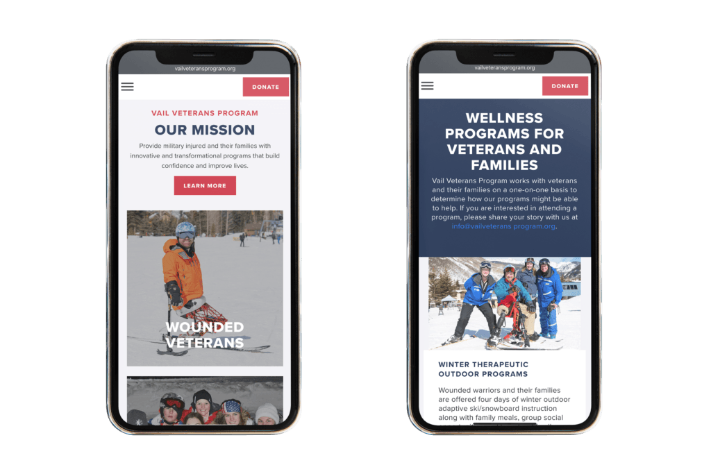 Vail Veterans Program mobile website showing mission statement and wellness program pages