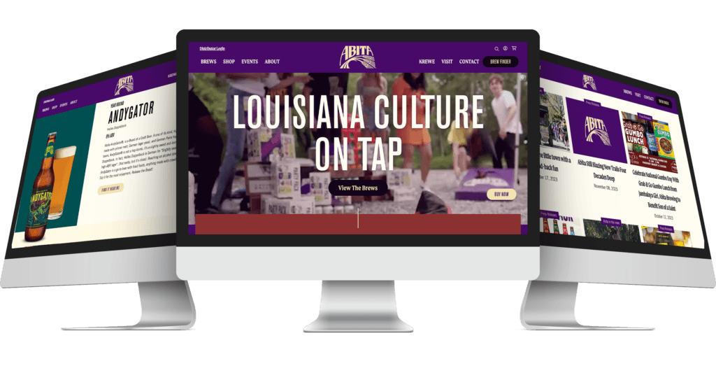 Abita Beer website mockup on desktop monitors reading 'Louisiana Culture on Tap'