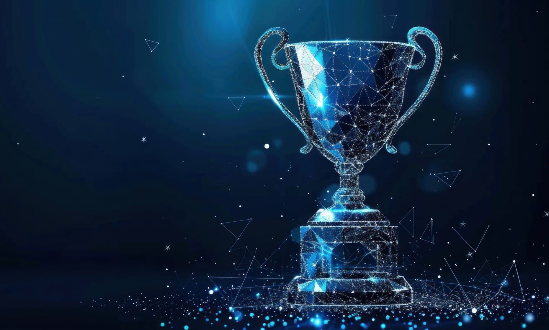 Glowing blue low-poly trophy illustration symbolizing an award or achievement