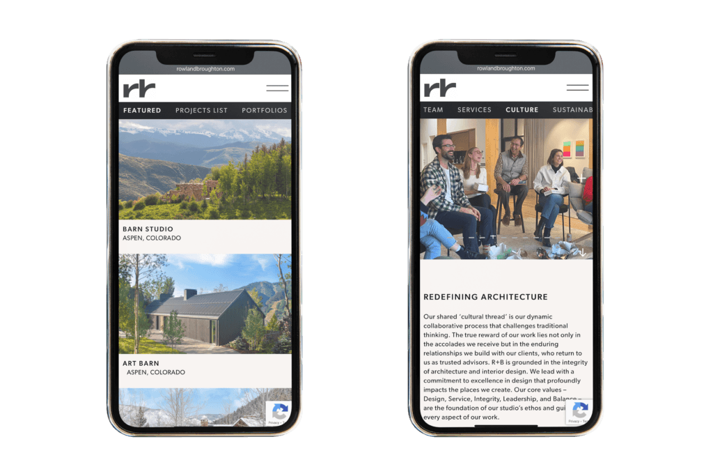 Rowland + Broughton mobile website showing project portfolio and culture pages
