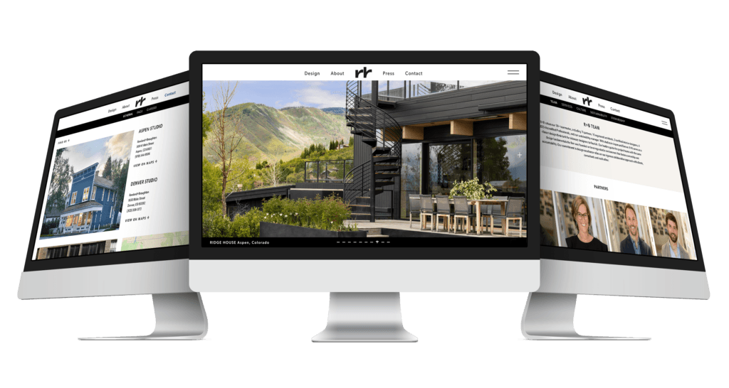 Rowland + Broughton website on desktop mockups showing Ridge House Aspen project and team