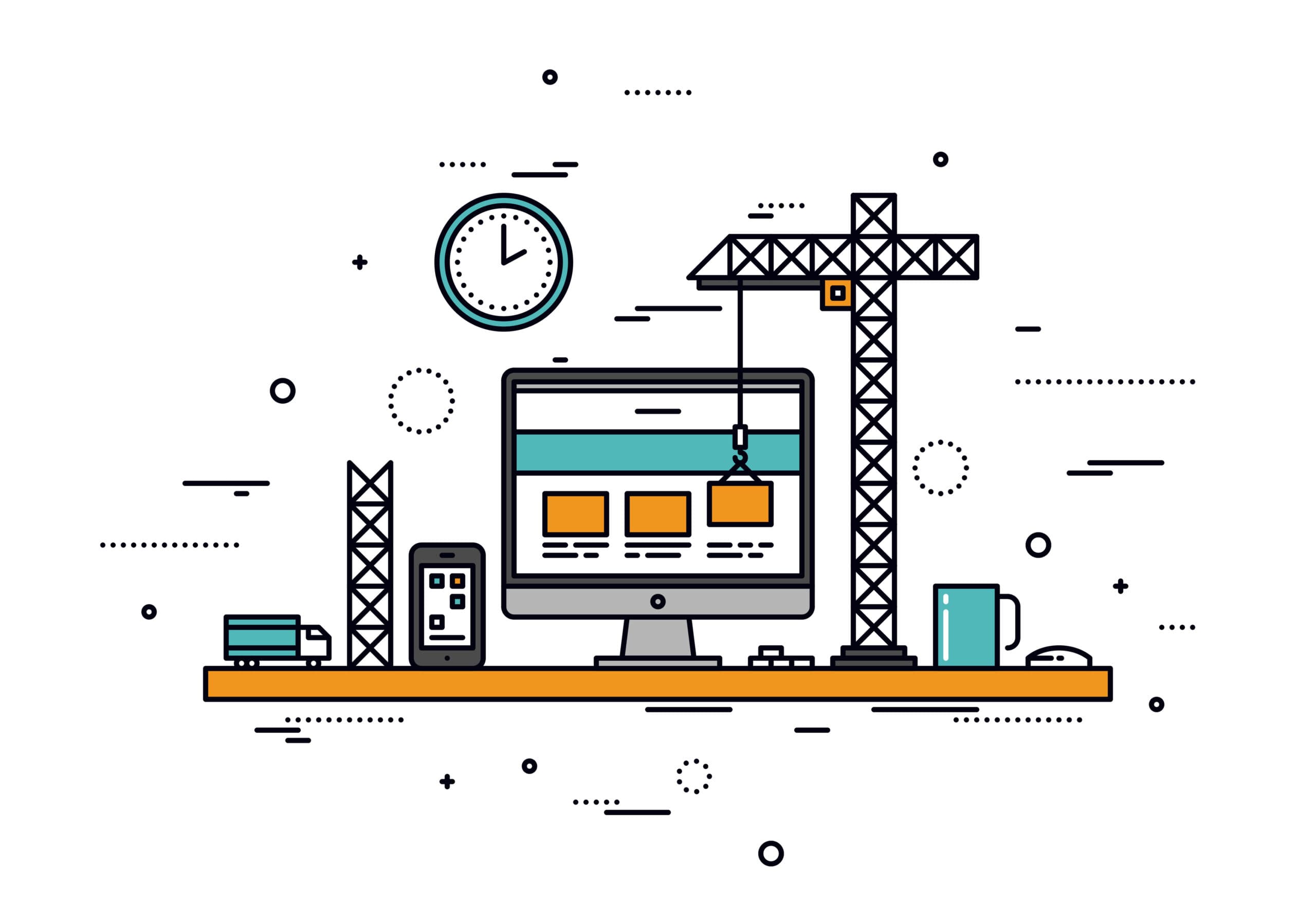 Construction crane assembling website content blocks on a desktop screen, line-art style