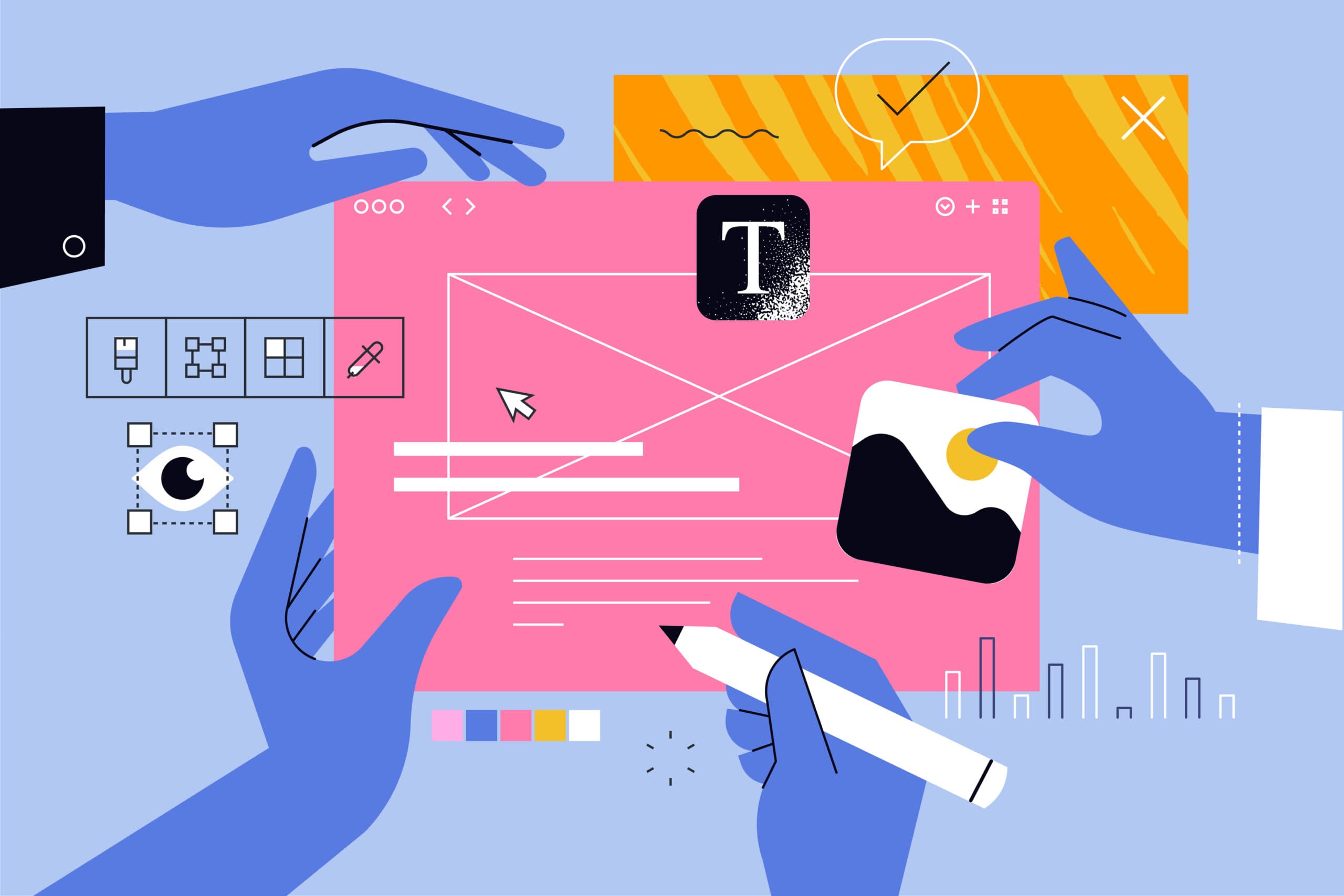 Illustrated hands designing a website mockup with color palette and layout tools