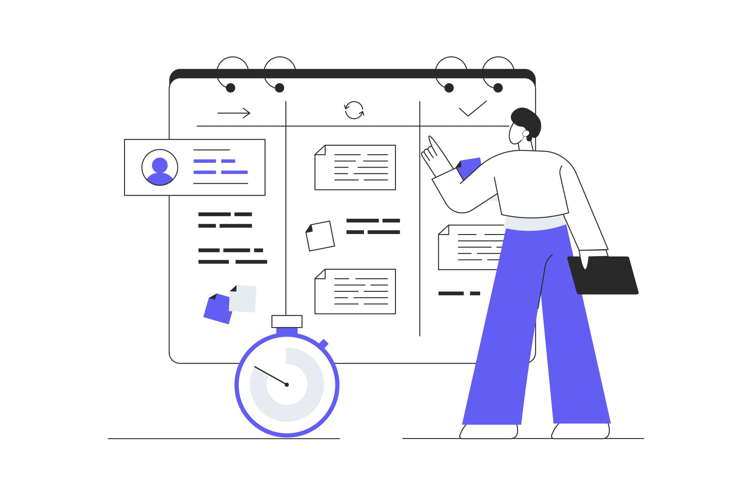 Illustration of a businesswoman managing tasks on a kanban board with a stopwatch