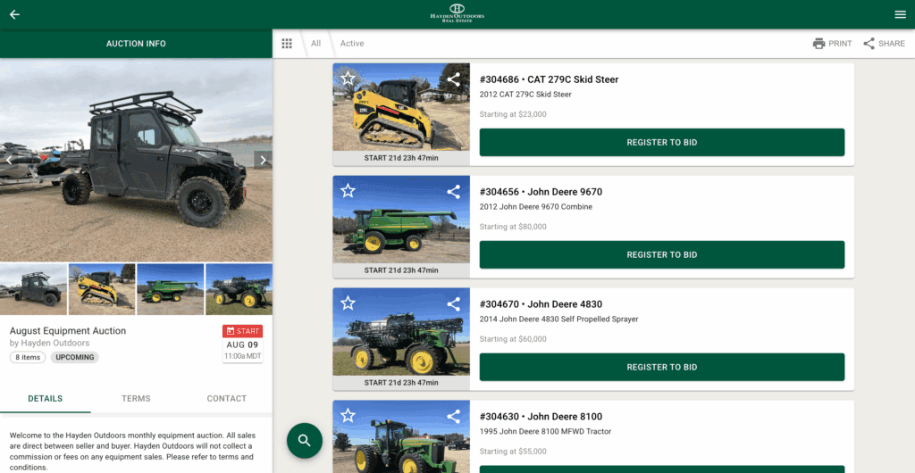 hayden outdoors equipment auction