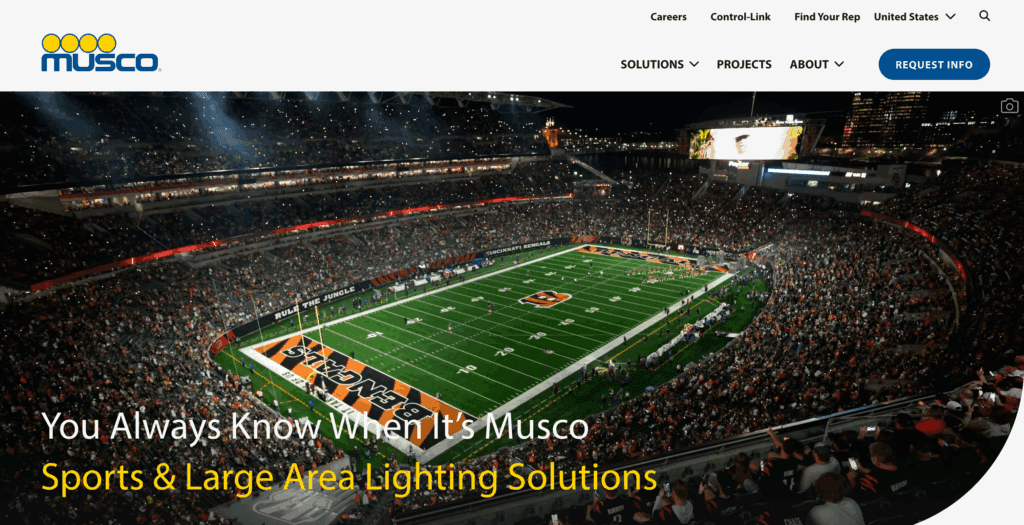 Musco Lighting website homepage with stadium photo and 'Always Know When It's Musco' headline