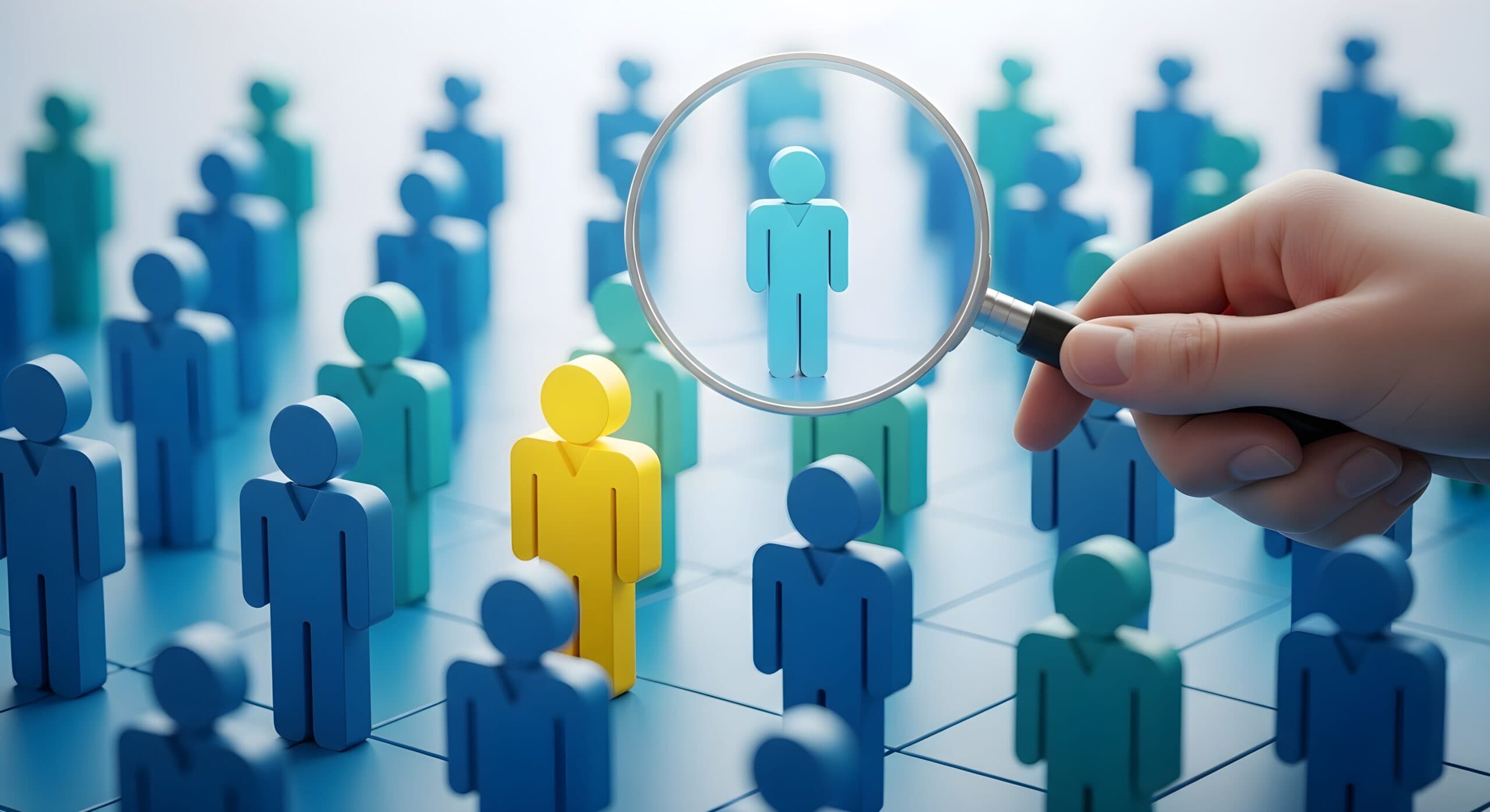 Magnifying glass highlighting a yellow figure among rows of blue figures in a crowd illustration.