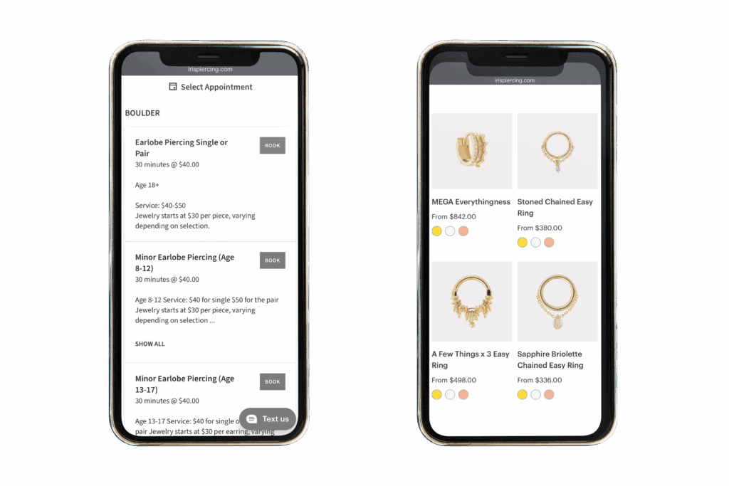 Mobile screenshots of Iris Piercing Studio's site showing appointment booking and jewelry shop pages.