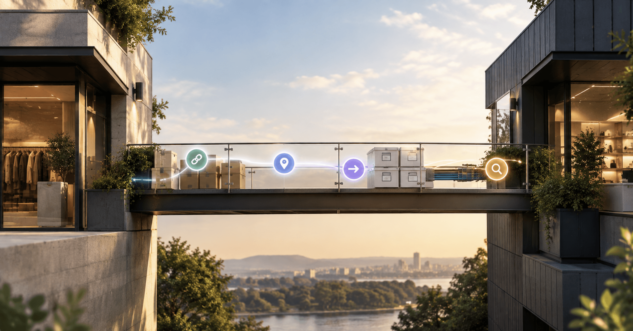 Modern storefronts connected by a bridge carrying products and connected digital signals, representing a website migration that preserves search visibility and SEO value.