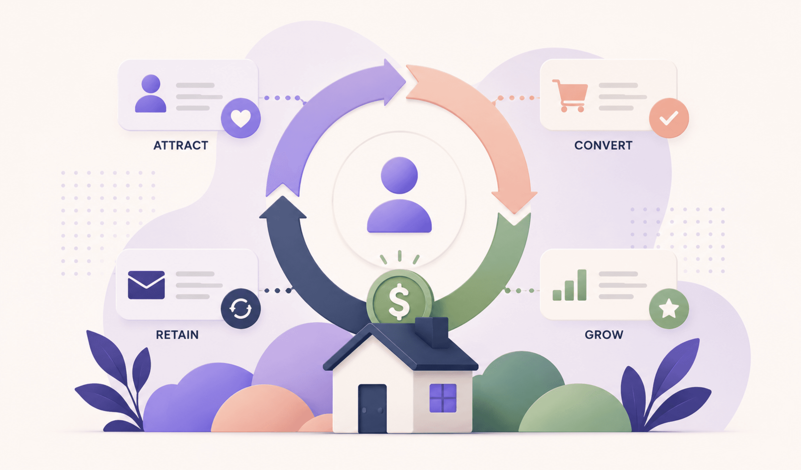 Customer lifecycle loop connecting acquisition, conversion, retention, and growth around recurring revenue, representing Klaviyo flows and lifecycle marketing performance.